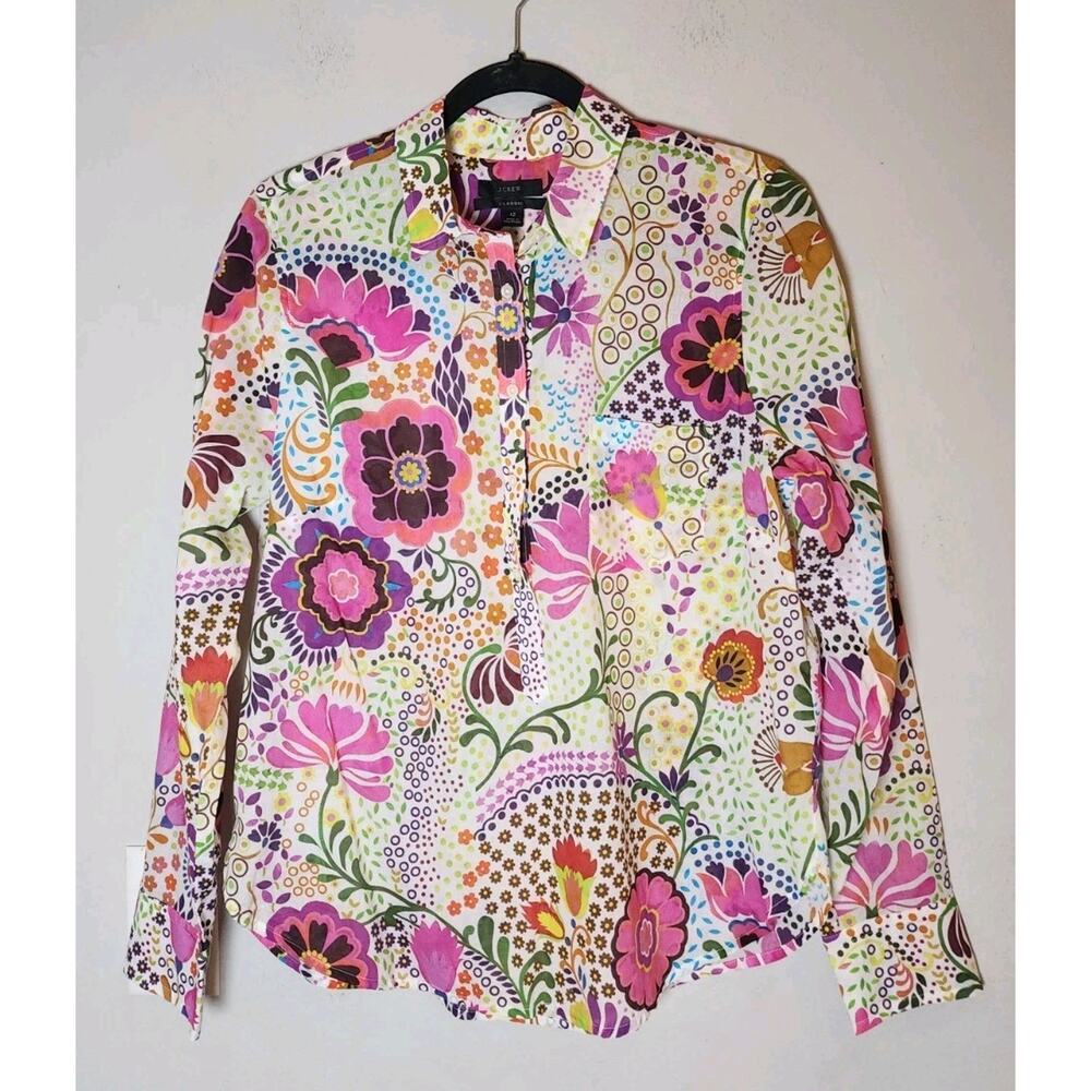 J. Crew 100% Cotton Popover Button Shirt Ratti Retro Floral Print Size 12